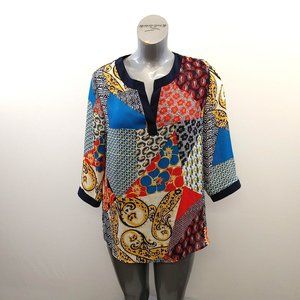 Annalee & Hope Women's V Neck Sheer Blouse Size Large Multicolored Patterned 3/4